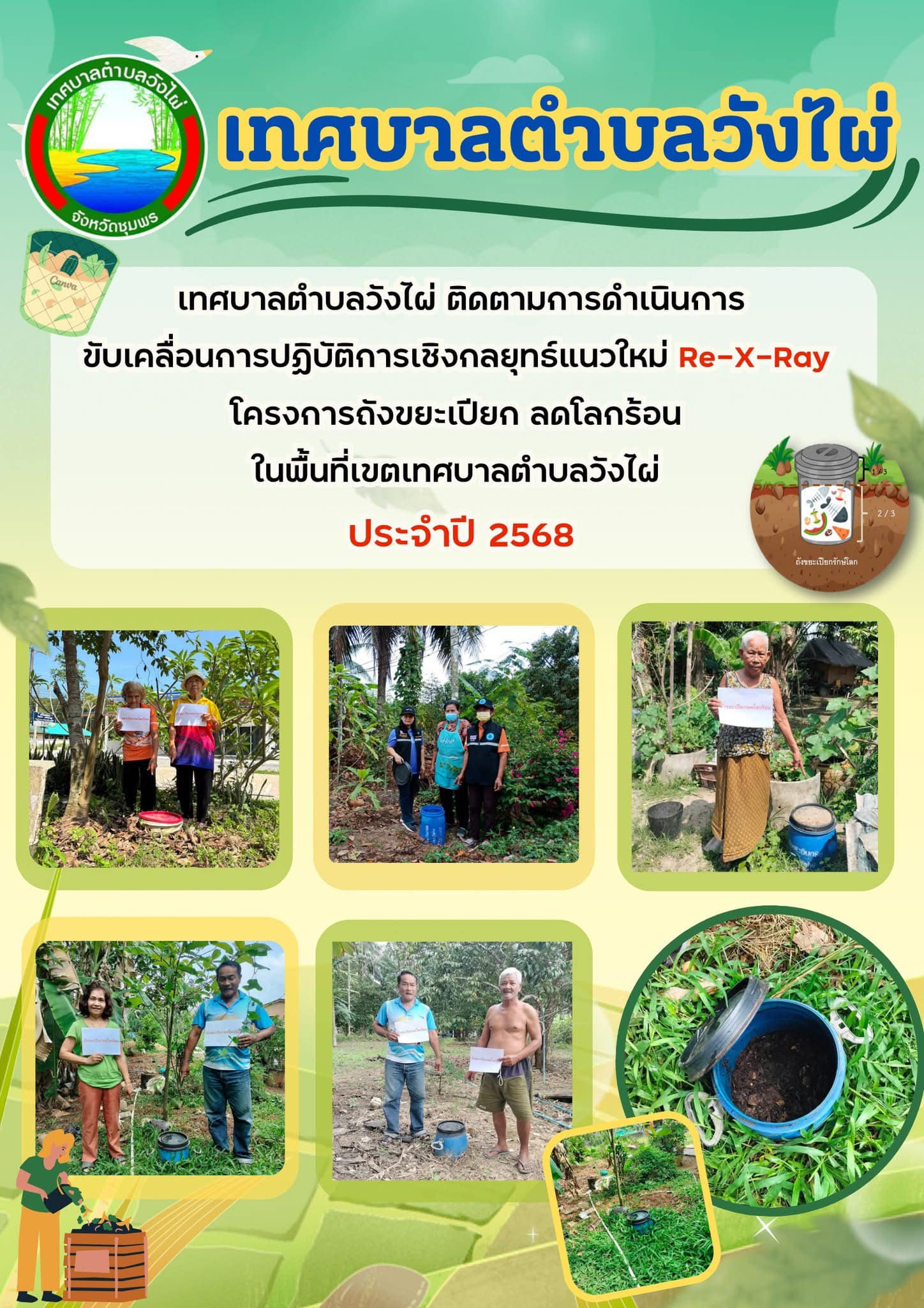 เทศบาลตำบลวังไผ่ ติดตามการดำเนินการขับเคลื่อนปฏิบัติการเชิงกลยุทธ์เเนวใหม่ Re-X-Ray โครงการถังขยะเปียกลดโลกร้อน ในพื้นที่เขตเทศบาลตำบลวังไผ่ ประจำปี 2568