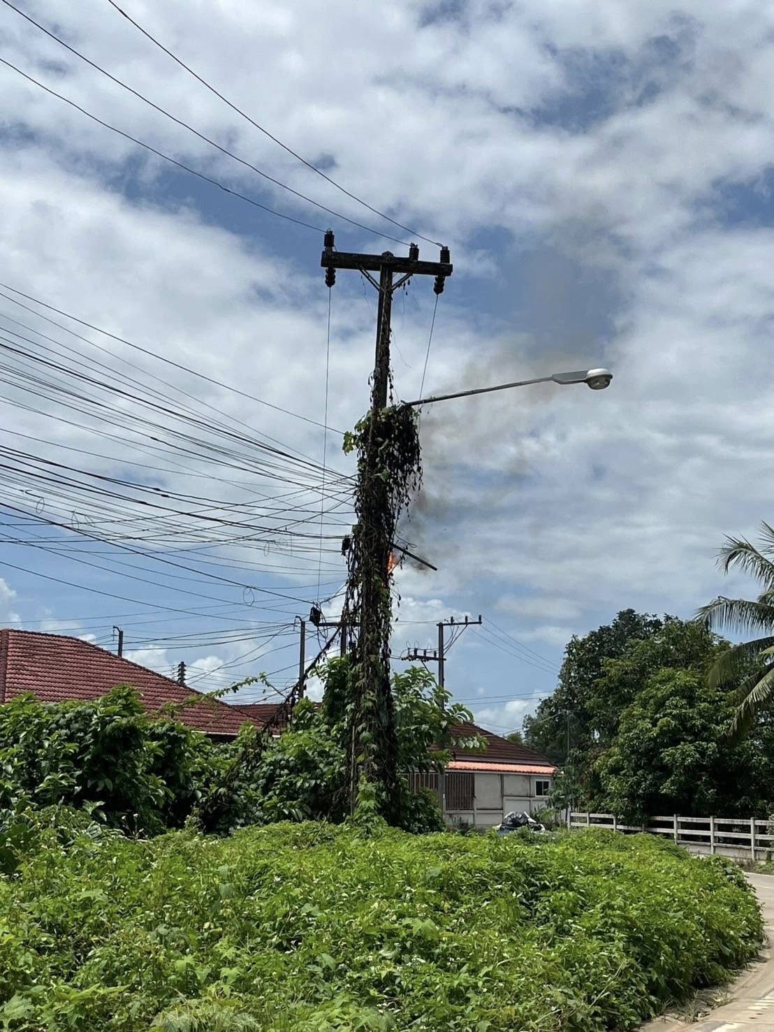 เทศบาลตำบลวังไผ่ออกระงับเหตุเพลิงไหม้สายไฟ บริเวณหน้าหมู่บ้านในฝัน